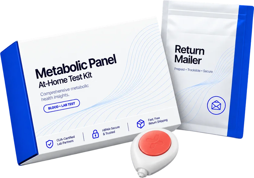 At-home metabolic panel test kit with a prepaid return mailer and a blood collection device