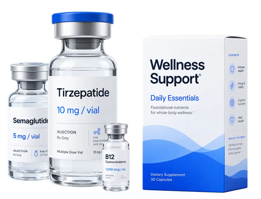 Compounded semaglutide and tirzepatide vials, a B12 vial and a wellness supplement box
